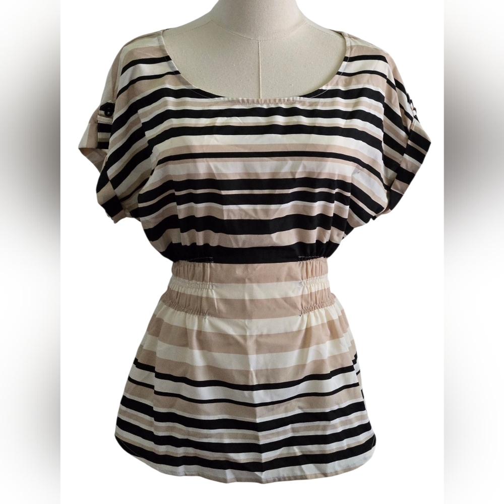 'Attention' Y2K Black and Cream Striped Blouse